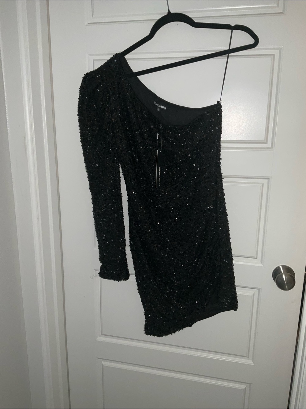 Fashion Nova One-Shoulder Black Sequin Mini Dress